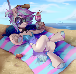 Size: 4000x3906 | Tagged: safe, artist:k0potb, derpibooru import, oc, oc:wattlan leyn, earth pony, pony, beach, clothes, drink, drinking straw, one-piece swimsuit, swimsuit