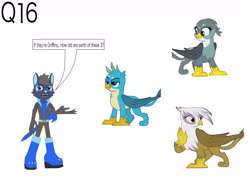 Size: 4495x3266 | Tagged: safe, artist:star153, derpibooru import, gabby, gallus, gilda, anthro, bird, griffon, wolf, 16, ask, blue, boots, brown, clothes, glasses, gloves, gray, long gloves, q16, question, shoes, sonic oc, white, yellow