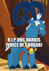 Size: 500x725 | Tagged: safe, derpibooru import, edit, edited screencap, screencap, grogar, doc harris, ibex, in memoriam, rest in peace, voice actor