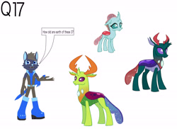 Size: 4495x3266 | Tagged: safe, artist:star153, derpibooru import, ocellus, pharynx, thorax, anthro, changedling, changeling, wolf, g4, 17, ask, beown, blue, boots, clothes, gloves, hair, king thorax, long gloves, prince pharynx, q17, question, shapeshifter, shoes, solo, sonic oc, sowrd