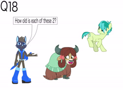 Size: 4495x3266 | Tagged: safe, artist:star153, derpibooru import, sandbar, yona, anthro, earth pony, pony, wolf, yak, g4, 18, ask, blue, boots, brown, clothes, ears, gloves, hooves, horns, long gloves, q18, question, shoes, sonic oc, sword, weapon