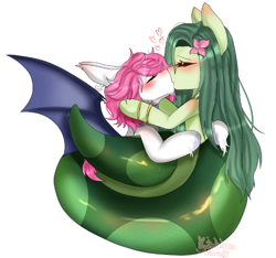 Size: 683x639 | Tagged: safe, artist:sutekinamimi, derpibooru import, oc, oc only, oc:clumsy von heim, oc:lamey, lamia, original species, pony, undead, vampire, vampony, blushing, closed species, cuddling, duo, gem eyed dracula race, kissing