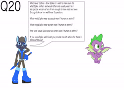 Size: 4495x3266 | Tagged: safe, artist:star153, derpibooru import, spike, anthro, dragon, wolf, g4, 20, ask, blue, blue eyes, boots, brown, claws, clothes, ears, feet, flying, green, green eyes, purple, q20, question, shoes, sonic oc, sword, tail, weapon, winged spike, wings