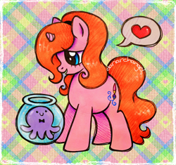 Size: 2644x2488 | Tagged: safe, artist:dariarchangel, derpibooru import, oc, oc only, oc:dazha, octopus, pony, unicorn, g4, adorable face, blue eyes, c:, cute, cute face, cute smile, daaaaaaaaaaaw, female, female oc, fish bowl, friends, hairband, heart, horn, long tail, looking at each other, looking at someone, mare, ocbetes, open mouth, open smile, orange hair, orange mane, orange tail, patterned background, pet, pink coat, pony oc, shortie, small horn, smiling, smol, speech bubble, standing, sweet dreams fuel, tail, traditional art, unicorn oc, wavy hair, wavy mane, wavy tail, weapons-grade cute, wholesome