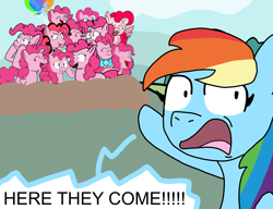 Size: 6500x5000 | Tagged: safe, artist:sketchyboi25, derpibooru import, pinkie pie, rainbow dash, earth pony, pegasus, pony, g4, too many pinkie pies, here it comes, png, pointing, ponyville, stampede