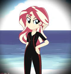 Size: 1104x1148 | Tagged: safe, artist:stephen-fisher, derpibooru import, sunset shimmer, human, equestria girls, g4, clothes, female, ocean, solo, swimsuit, water