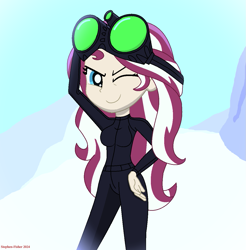 Size: 1179x1197 | Tagged: safe, artist:stephen-fisher, derpibooru import, sunset shimmer, human, equestria girls, g4, female, goggles, goggles on head, one eye closed, smiling, solo, spy, spy suit, wink