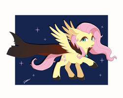 Size: 1600x1278 | Tagged: safe, artist:sion, derpibooru import, part of a set, fluttershy, pegasus, pony, g4, cape, clothes, costume, cute, cute little fangs, ears, fangs, female, floppy ears, halloween, halloween costume, mare, passepartout, raised hoof, raised leg, solo, spread wings, vampire costume, wings