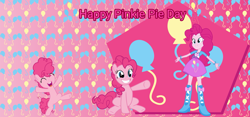 Size: 3577x1671 | Tagged: safe, artist:lizzmcclin, derpibooru import, pinkie pie, earth pony, human, pony, equestria girls, g4, cutie mark, cutie mark background, female, pinkie pie day