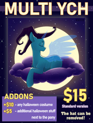 Size: 1514x2000 | Tagged: safe, artist:erein, derpibooru import, pony, advertisement, any gender, any species, clothes, cloud, commission, cute, ears up, eyes closed, hat, horn, lying down, moon, moonlight, night, sky, solo, spread wings, starry background, stars, wings, witch hat, ych example, ych sketch, your character here