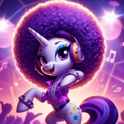 Size: 1024x1024 | Tagged: safe, ai content, derpibooru import, generator:bing image creator, generator:dall-e 3, machine learning generated, rarity, unicorn, g4, afro, alternate cutie mark, clothes, disco ball, headphones, horn, music notes, prompter:heydude5321