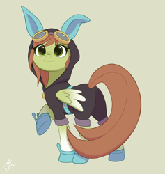 Size: 1800x1900 | Tagged: safe, artist:luminousdazzle, derpibooru import, oc, oc only, oc:lumina, pegasus, pony, animal costume, autograph, bangs, bunny costume, bunny slippers, clothes, costume, dangerous mission outfit, female, folded wings, full body, goggles, goggles on head, green eyes, hoodie, long tail, looking at you, mare, pegasus oc, raised hoof, raised leg, signature, simple background, slippers, smiling, smiling at you, solo, solo female, tail, wings