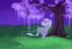 Size: 640x444 | Tagged: safe, artist:acura, derpibooru import, oc, oc only, oc:acura, alicorn, alicorn oc, beard, facial hair, horn, leonine tail, solo, tail, tree, wings