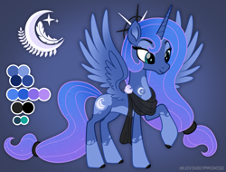 Size: 2461x1870 | Tagged: safe, artist:lovinglypromise, derpibooru import, princess luna, pony, alternate design, clothes, reference sheet, scarf, solo