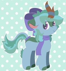 Size: 1152x1230 | Tagged: safe, artist:mimiqq, derpibooru import, oc, oc only, oc:dewshine (kirin), kirin, bow, clothes, female, hair bow, kirin oc, lineless, mare, pattern, patterned background, polka dot background, polka dots, scarf, smiling, solo, solo female, tail, tail bow