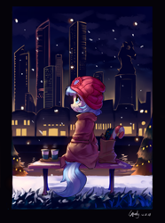 Size: 1800x2425 | Tagged: safe, artist:luciferamon, coco pommel, earth pony, pony, bag, bench, candy cane, city, cityscape, clothes, female, head turn, looking to side, looking to the left, mare, night, rear view, scenery, sitting, skyscraper, smiling, winter, winter outfit