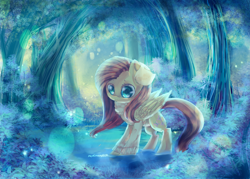 Size: 3500x2500 | Tagged: safe, artist:aquagalaxy, derpibooru import, fluttershy, pegasus, pony, g4, bottomless, clothes, female, folded wings, forest, glowing, high res, mare, nature, nudity, outdoors, partial nudity, scenery, solo, sweater, sweatershy, tail, tree, wings