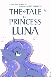 Size: 3200x4800 | Tagged: safe, artist:symbianl, derpibooru import, princess luna, alicorn, pony, g4, bust, crossover, cute, ear fluff, ears, female, horn, looking up, lunabetes, lunaguya, mare, movie poster, neck fluff, open mouth, parody, poster parody, princess kaguya, profile, simple background, solo, studio ghibli, the tale of princess kaguya, white background