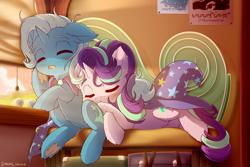 Size: 1800x1200 | Tagged: safe, artist:symbianl, derpibooru import, starlight glimmer, trixie, pony, unicorn, g4, blushing, brooch, cape, clothes, colored underhoof, cuddling, cute, diatrixes, drool, duo, duo female, ear fluff, ears, eyes closed, female, fluffy, frog (hoof), glimmerbetes, hat, heart, hoof heart, horn, jewelry, lesbian, mare, open mouth, shipping, sleeping, startrix, sweet dreams fuel, train, trixie's brooch, trixie's cape, trixie's hat, underhoof