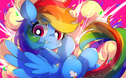 Size: 3511x2179 | Tagged: safe, artist:lexiedraw, derpibooru import, rainbow dash, pegasus, pony, g4, blush lines, blushing, explosion, female, high res, looking at you, mare, smiling, smiling at you, solo, spread wings, tail, wings