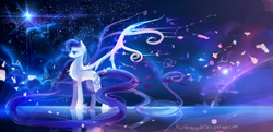 Size: 4000x1941 | Tagged: safe, artist:aquagalaxy, derpibooru import, oc, oc only, pegasus, pony, cloud, concave belly, dark background, female, impossibly long mane, impossibly long tail, large wings, long mane, long tail, mare, night, night sky, pegasus oc, reflection, sky, solo, spread wings, stars, tail, unknown species, wings