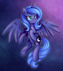 Size: 2000x2264 | Tagged: safe, artist:czscribbles, derpibooru import, princess luna, alicorn, pony, g4, season 1, :o, abstract background, cute, eyeshadow, female, flying, high res, horn, lunabetes, makeup, mare, open mouth, partially open wings, s1 luna, solo, tail, underhoof, wings