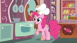 Size: 1920x1080 | Tagged: safe, derpibooru import, screencap, pinkie pie, earth pony, pony, g4, season 5, the lost treasure of griffonstone, batter, chef, chef's hat, female, food, hat, indoors, kitchen, mare, oven, pan, pillarboxing, solo, sugarcube corner