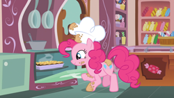 Size: 1920x1080 | Tagged: safe, derpibooru import, screencap, pinkie pie, earth pony, pony, g4, season 5, the lost treasure of griffonstone, batter, chef, chef's hat, female, food, hat, indoors, kitchen, mare, oven, pan, solo, sugarcube corner