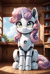 Size: 800x1169 | Tagged: safe, ai content, derpibooru import, generator:pony diffusion v6 xl, generator:stable diffusion, machine learning generated, sweetie belle, sweetie bot, pony, robot, robot pony, unicorn, g4, :3, female, filly, foal, gynoid, horn, indoors, looking at you, prompter:gregorymars, roboticization, sitting, smiling, smiling at you, solo