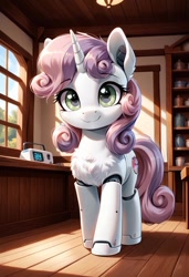 Size: 800x1169 | Tagged: safe, ai content, derpibooru import, generator:pony diffusion v6 xl, generator:stable diffusion, machine learning generated, sweetie belle, sweetie bot, pony, robot, robot pony, unicorn, g4, :3, chest fluff, female, filly, foal, gynoid, horn, indoors, looking at you, prompter:gregorymars, roboticization, smiling, smiling at you, solo