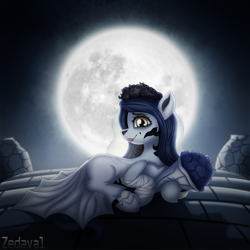 Size: 1602x1602 | Tagged: safe, artist:zedaval, derpibooru import, oc, oc only, oc:inky noire, earth pony, pony, bouquet, bridesmaid dress, clothes, corpse bride, costume, dress, flower, full moon, moon, nightmare night, outdoors, solo