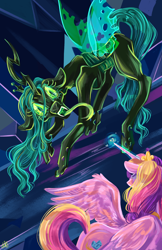 Size: 3300x5100 | Tagged: safe, artist:ashley-the-muffin, derpibooru import, princess cadance, queen chrysalis, alicorn, changeling, changeling queen, pony, concave belly, duo, female, fight, glowing, glowing horn, horn, lanky, long tongue, mare, skinny, tall, thin, tongue, tongue out