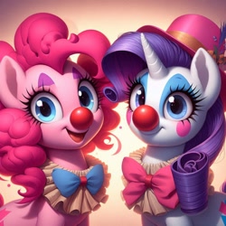 Size: 1024x1024 | Tagged: safe, ai content, derpibooru import, generator:bing image creator, generator:dall-e 3, machine learning generated, pinkie pie, rarity, earth pony, unicorn, g4, alternate cutie mark, bowtie, clothes, clown, clown nose, duo, duo female, female, hat, horn, makeup, mare, prompter:heydude5321, red nose