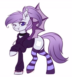 Size: 3826x4096 | Tagged: safe, artist:rozy, derpibooru import, oc, oc only, oc:hawrs, bat pony, choker, clothes, ear piercing, female, hoodie, looking at you, mare, piercing, purple eyes, purple mane, simple background, smiling, smiling at you, socks, solo, standing, striped socks, white background