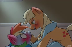 Size: 3000x1996 | Tagged: safe, artist:simpledoggoarts, derpibooru import, applejack, rainbow dash, earth pony, pegasus, pony, g4, appledash, blushing, blushing profusely, duo, duo female, ear blush, face to face, female, hatless, hooves on shoulders, indoors, lesbian, lidded eyes, light, looking at each other, looking at someone, lying down, mare, missing accessory, on top, open mouth, shipping, signature, wavy mouth, wide eyes