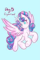 Size: 1365x2048 | Tagged: safe, artist:mscolorsplash, derpibooru import, princess flurry heart, alicorn, crystal pony, pony, g4, crystallized, female, flying, light blue background, mare, no pupils, older, older flurry heart, simple background, solo, spread wings, wings