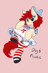 Size: 1365x2048 | Tagged: safe, artist:mscolorsplash, derpibooru import, earth pony, original species, pony, bow, clothes, dress, female, hair bow, mare, no iris, open mouth, pink background, plush pony, plushie, ponified, raggedy ann, simple background, socks, solo, species swap, striped socks