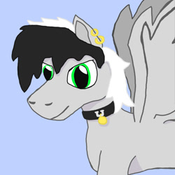 Size: 1400x1400 | Tagged: safe, artist:silverfishv9, derpibooru import, oc, oc only, oc:sky writer (solredrose), pegasus, pony, collar, ear piercing, earring, gray coat, jewelry, male, pegasus oc, piercing, simple background, solo, stallion