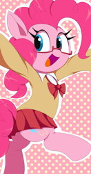 Size: 1080x2042 | Tagged: safe, artist:spoonie, derpibooru import, pinkie pie, earth pony, pony, g4, anatomically incorrect, arms in the air, bipedal, boobs and butt pose, butt, clothes, eye clipping through hair, glasses, miniskirt, one leg raised, outline, patterned background, polka dot background, school uniform, skirt, solo