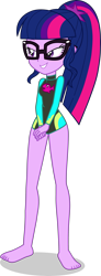 Size: 1525x4164 | Tagged: safe, alternate version, artist:dustinwatsongkx, derpibooru import, edit, sci-twi, twilight sparkle, human, better together, equestria girls, g4, accessory swap, barefoot, clothes, clothes swap, feet, female, fluttershy's one-piece swimsuit, fluttershy's swimsuit, fluttershy's wetsuit, legless, long sleeves, one-piece swimsuit, simple background, solo, swimsuit, swimsuit edit, swimsuit swap, transparent background, vector