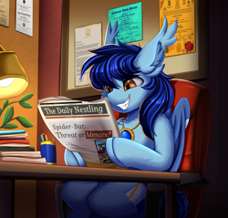 Size: 2640x2528 | Tagged: safe, artist:pridark, derpibooru import, oc, oc only, oc:lunar dusk, bat pony, pony, bat pony oc, blackletter, certificate, chair, chest fluff, desk lamp, ear fluff, ears, fangs, grin, house plant, jewelry, lamp, male, newspaper, office, office chair, pen, pen holder, pendant, smiling, solo, stallion, table