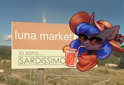 Size: 1790x1242 | Tagged: safe, artist:polnocnykot, derpibooru import, princess luna, alicorn, pony, g4, bow, clothes, ear fluff, ears, female, food, glass, glasses, hat, horn, irl, italian, italy, juice, market, orange, orange juice, photo, proud, scarf, smiling, solo, summer hat, sunglasses