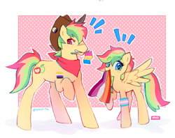 Size: 1280x1012 | Tagged: safe, artist:kino-ta, derpibooru import, oc, oc only, earth pony, pegasus, pony, duo, earth pony oc, lesbian pride flag, magical lesbian spawn, nonbinary pride flag, offspring, pansexual pride flag, parent:applejack, parent:rainbow dash, parents:appledash, pegasus oc, pride, pride flag, transgender pride flag