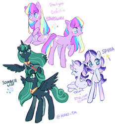 Size: 1280x1378 | Tagged: safe, artist:kino-ta, derpibooru import, oc, oc only, oc:somber, oc:starswirl, oc:stella, alicorn, earth pony, pony, unicorn, alicorn oc, earth pony oc, horn, magical lesbian spawn, offspring, parent:princess celestia, parent:starlight glimmer, parent:trixie, parent:twilight sparkle, parents:startrix, parents:twilestia, simple background, unicorn oc, white background, wings