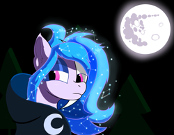 Size: 1931x1505 | Tagged: safe, artist:solarflare6041, derpibooru import, oc, oc only, oc:solar eclipse, pony, blue mane, bust, cloak, clothes, constellation, constellation hair, mare in the moon, moon, night, pink eyes, simple background, solo