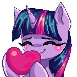 Size: 3000x3000 | Tagged: safe, artist:opal_radiance, derpibooru import, twilight sparkle, twilight sparkle (alicorn), alicorn, pony, blush sticker, blushing, bust, commission, digital art, eyes closed, heart, hoof hold, pixel art, smiling, solo, your character here