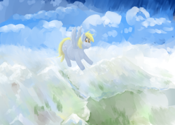 Size: 3500x2500 | Tagged: safe, artist:lupin quill, derpibooru import, derpy hooves, pegasus, pony, aderpose, belly, cloud, fat, flying, lineless, mountain, mountain range, painting, scenery, solo