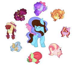 Size: 1928x1725 | Tagged: safe, artist:malta2277, derpibooru import, oc, oc only, earth pony, pegasus, pony, unicorn, base used, bow, braid, braided pigtails, bust, colored wings, female, freckles, glasses, gradient wings, hair bow, hat, horn, looking at you, magical lesbian spawn, mare, offspring, one eye closed, parent:apple bloom, parent:babs seed, parent:big macintosh, parent:coco pommel, parent:fluttershy, parent:pinkie pie, parent:pipsqueak, parent:rainbow dash, parent:spitfire, parent:sunset shimmer, parent:trenderhoof, parent:twilight sparkle, parents:appleseed, parents:fluttermac, parents:pinkiedash, parents:pipbloom, parents:sunfire, parents:sunsetsparkle, parents:trenderpommel, pigtails, ponysona, simple background, smiling, sprinkles in mane, transparent background, wings, wink, winking at you