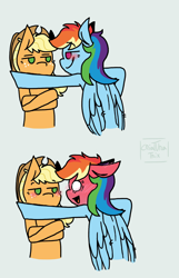 Size: 1800x2800 | Tagged: safe, artist:criaturatrix, derpibooru import, applejack, rainbow dash, earth pony, pegasus, pony, g4, 2koma, appledash, applejack is not amused, blushing, crossed arms, duo, duo female, female, flirting, gray background, hey you, kabedon, lesbian, shipping, signature, simple background, smiling, smirk, unamused, white background