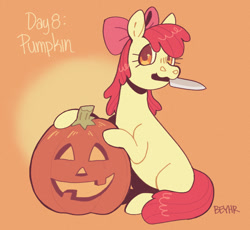 Size: 946x872 | Tagged: safe, artist:beyhr, derpibooru import, apple bloom, earth pony, pony, g4, :3, apple bloom's bow, bow, eyelashes, female, filly, foal, gradient background, hair accessory, hair bow, halloween, holding a knife, holiday, jack-o-lantern, knife, long mane, long tail, looking at you, looking away, mane accessory, mouth hold, orange background, orange eyes, pink bow, ponytober, ponytober 2024, pumpkin, red mane, red tail, signature, simple background, sitting, smiling, solo, tail, text, textured background, three quarter view, yellow coat